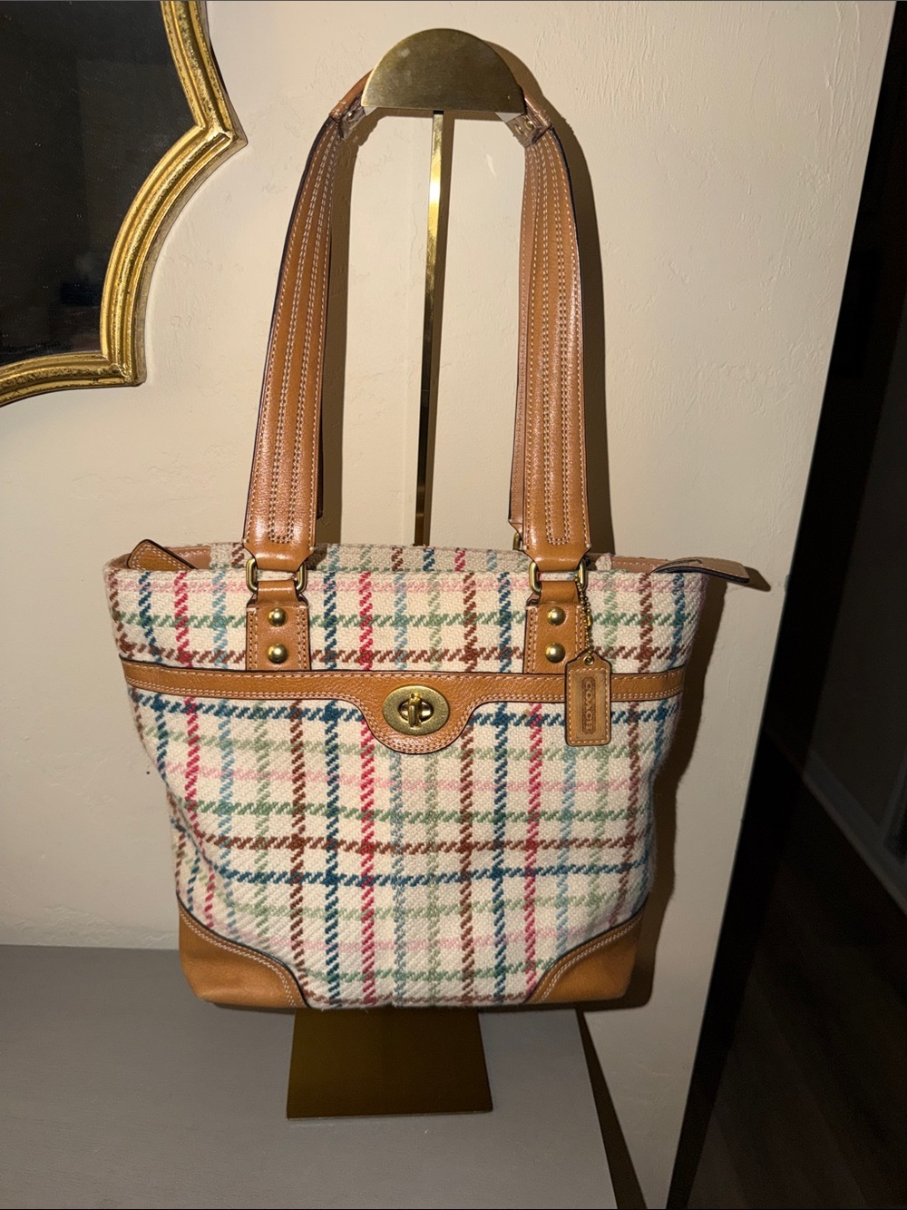 Coach Hamptons Tattersall Plaid Wool Tote Bag
